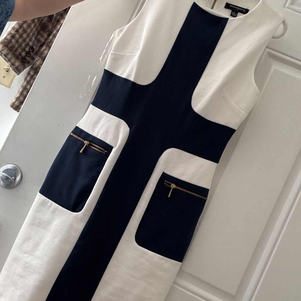 Sharagano Navy and White Sleeveless Midi Dress